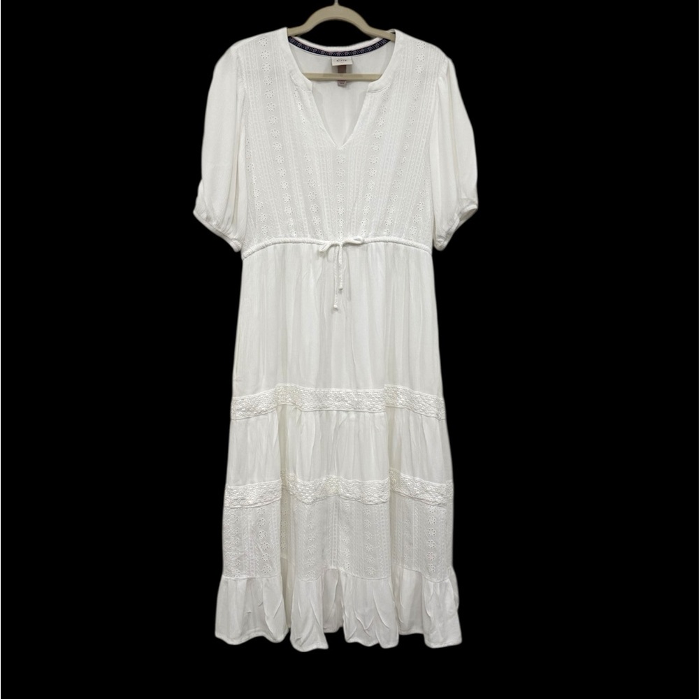 Knox Rose Eyelet Tiered White Midi Dress Drawstring Waist Large